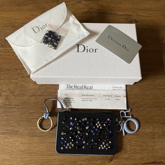 CHRISTIAN DIOR-AUTHENTIC NWT Small Leather, Sequins/Beads Blue Wristlet - Picture 11 of 15